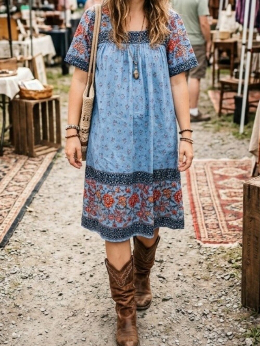 Vermont Country Store House Dress XL Blue Floral Cotton Muumuu Cottagecore Boho